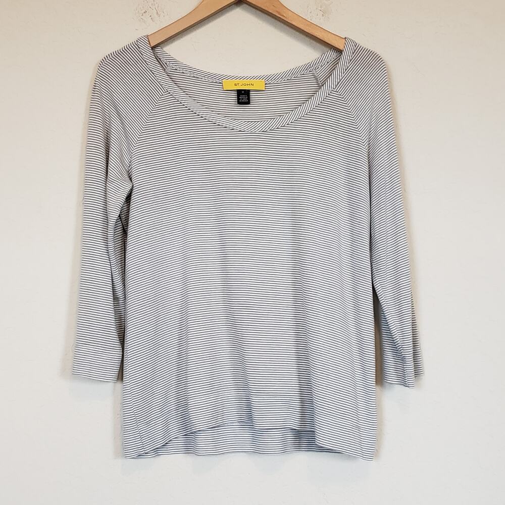 St. John Gray White Mini Striped 3/4 Sleeves Top Women's Medium